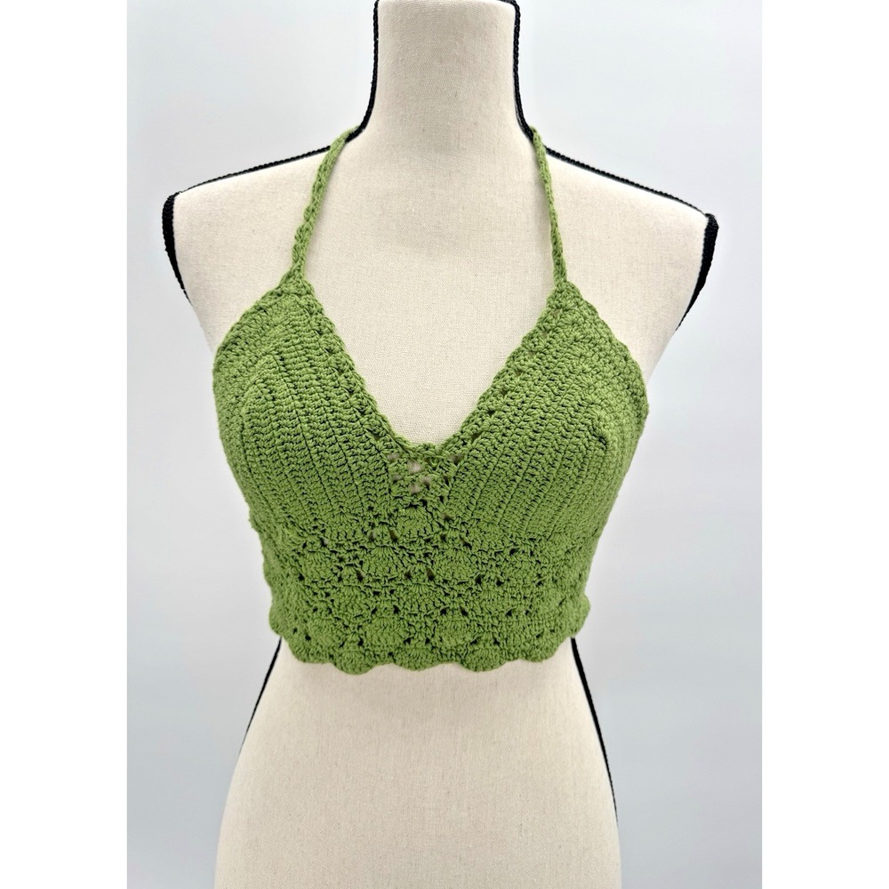 Lakhays Open Knit Crochet Babydoll Halter Top S/M Crop Fairy Grunge Boho Concert